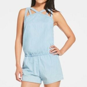 Fabletics Liza Romper Blue Chambray Stretch Woven Strappy Back Zip XL New